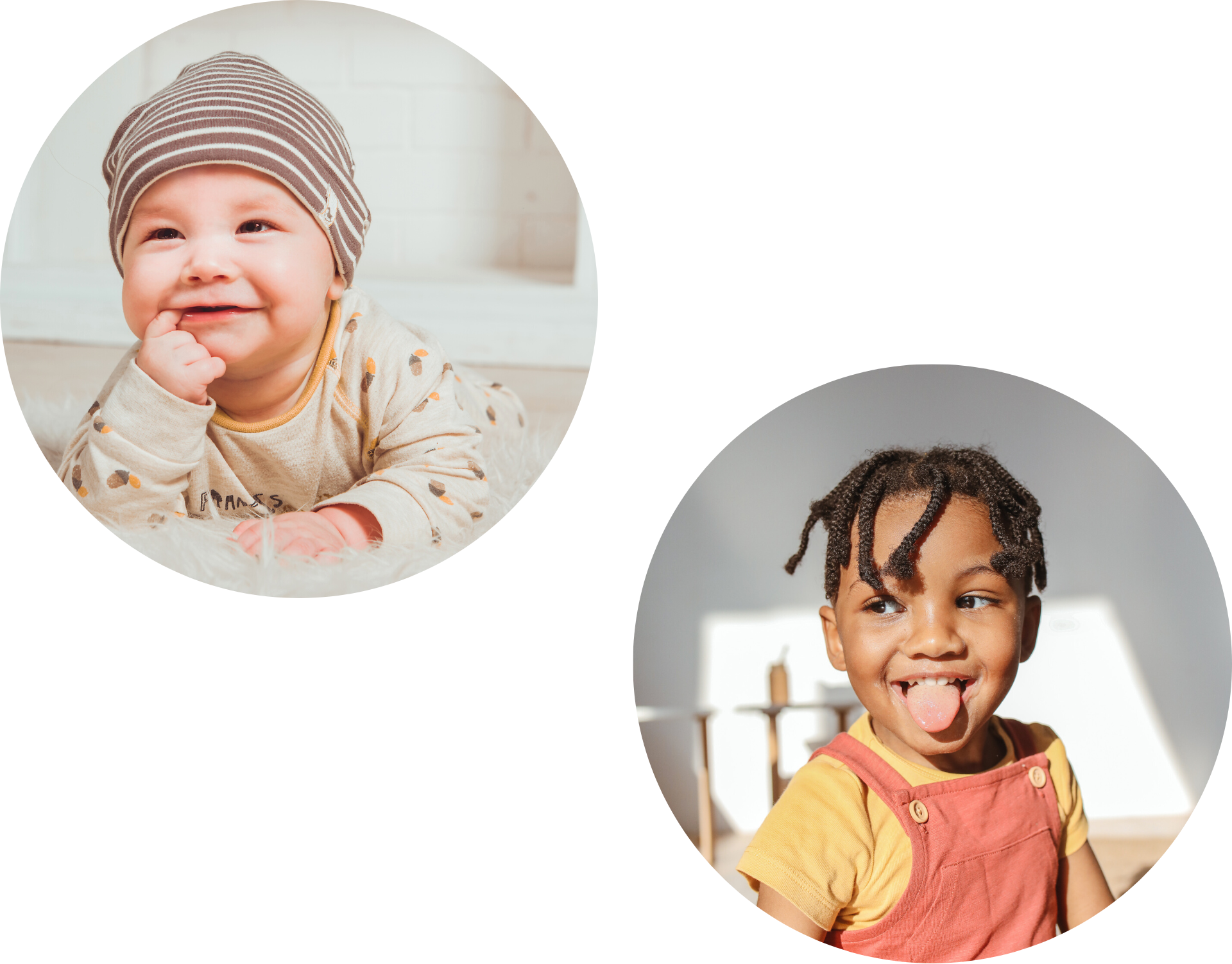 Two circular images of a baby wearing a striped hat and a child with a playful face in a nursery