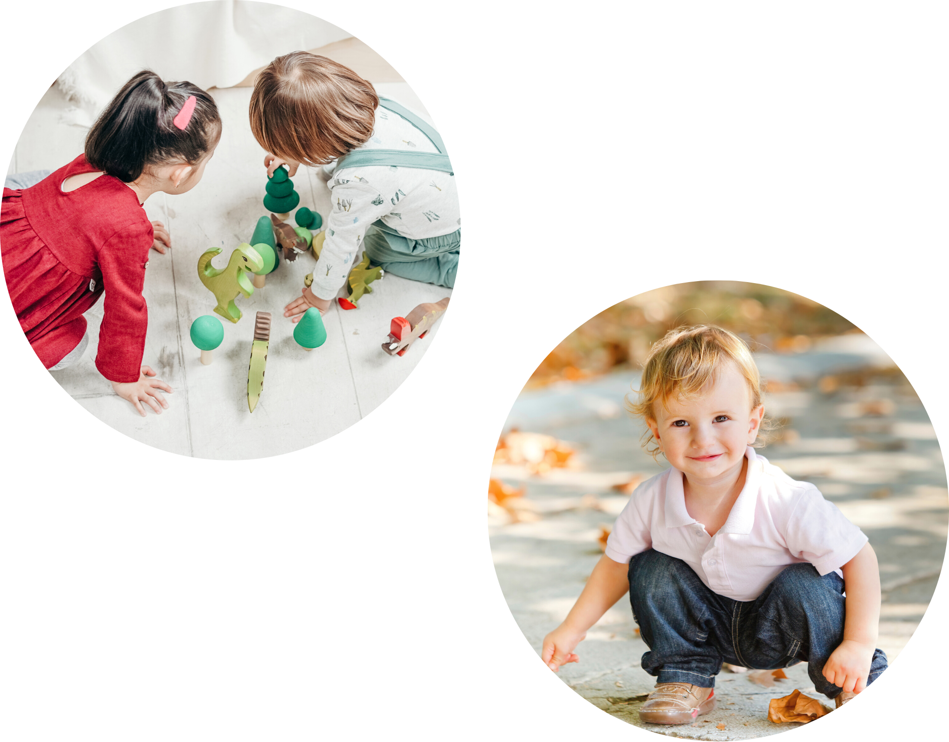 Two circular images of two toddlers playing with wooden toys in a nursery and a toddler squatting and smiling outside