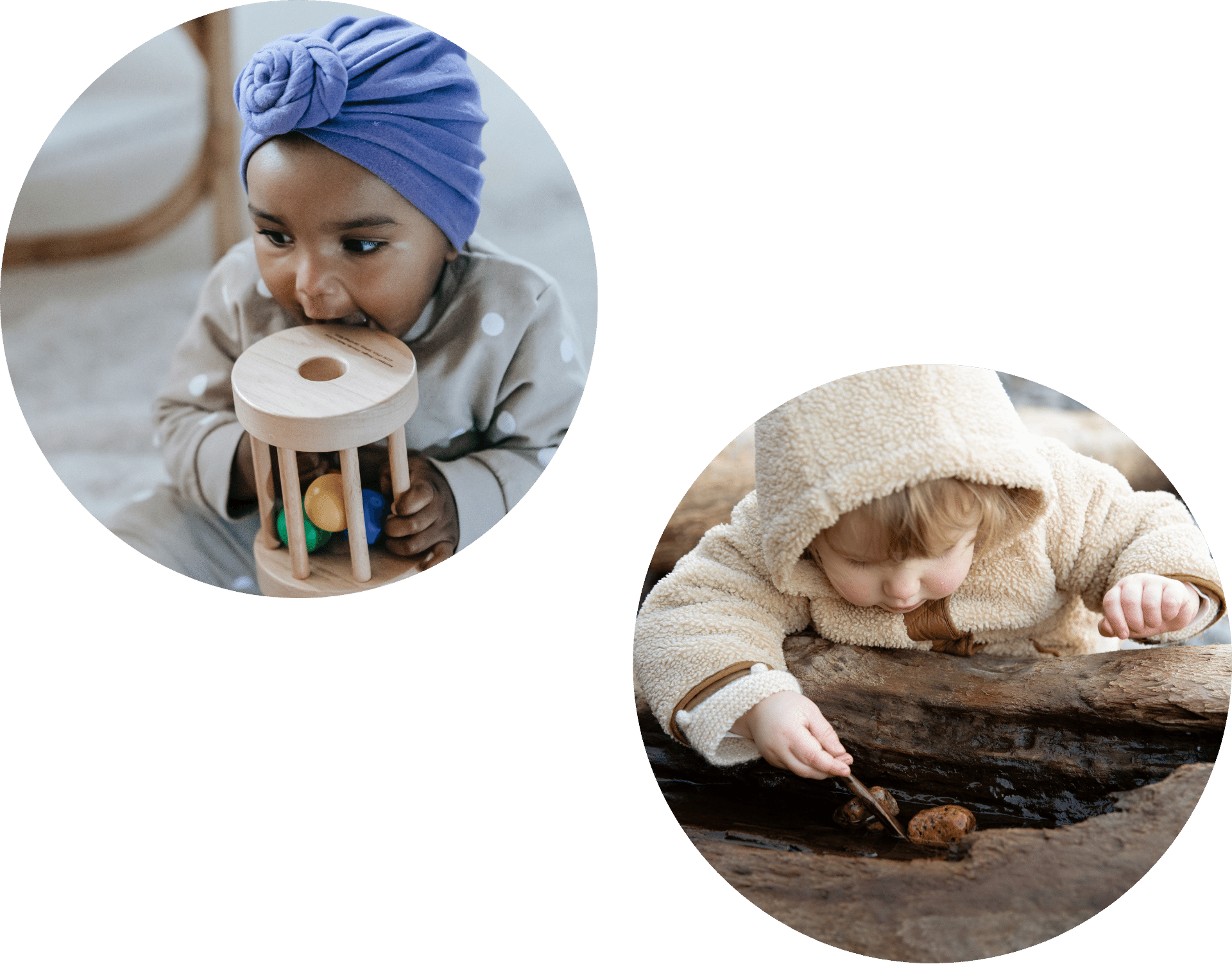 Two circular photos show a little girl playing wearing a blue bandana indoors with a wooden toy and a young girl outdoors examining rocks with a stick.