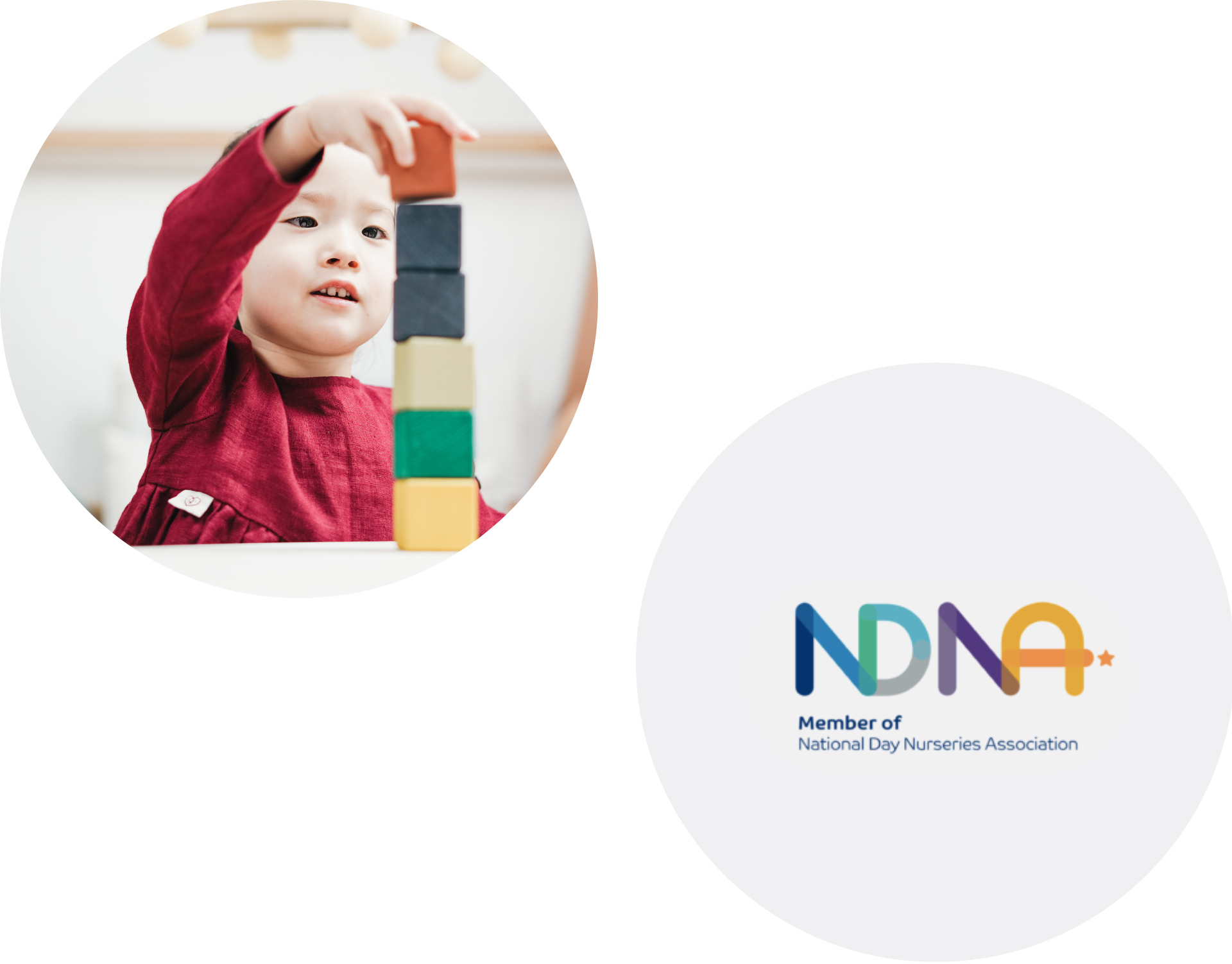 NDNA badge and a toddler playing with wooden cubes in a nursery